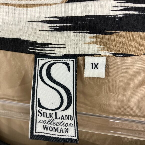 Silk Land size 1X Brown Black Abstract Silk 3/4 Sleeve Button Long Jacket - Picture 2 of 11
